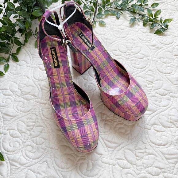 Larroude Ari Pumps in Pink Tartan Patent Leather Sz 8 - Picture 7 of 7